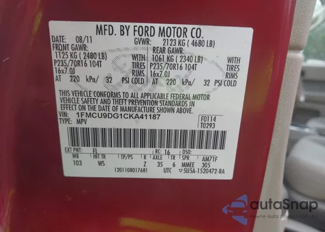 2012 Ford Escape Xlt из США, поврежденный, VIN 1FMCU9DG1CKA41187